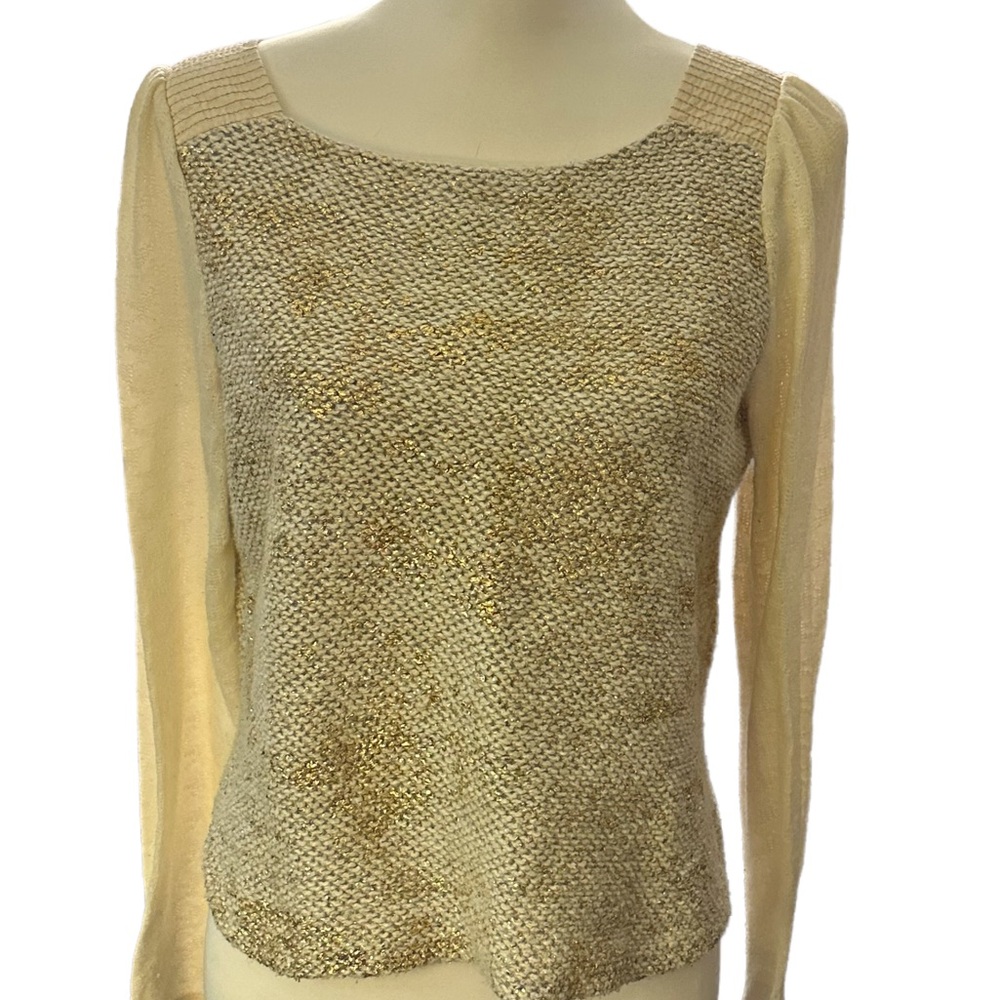 Anthropologie Cream Knit Sweater with Sheer Sleeves